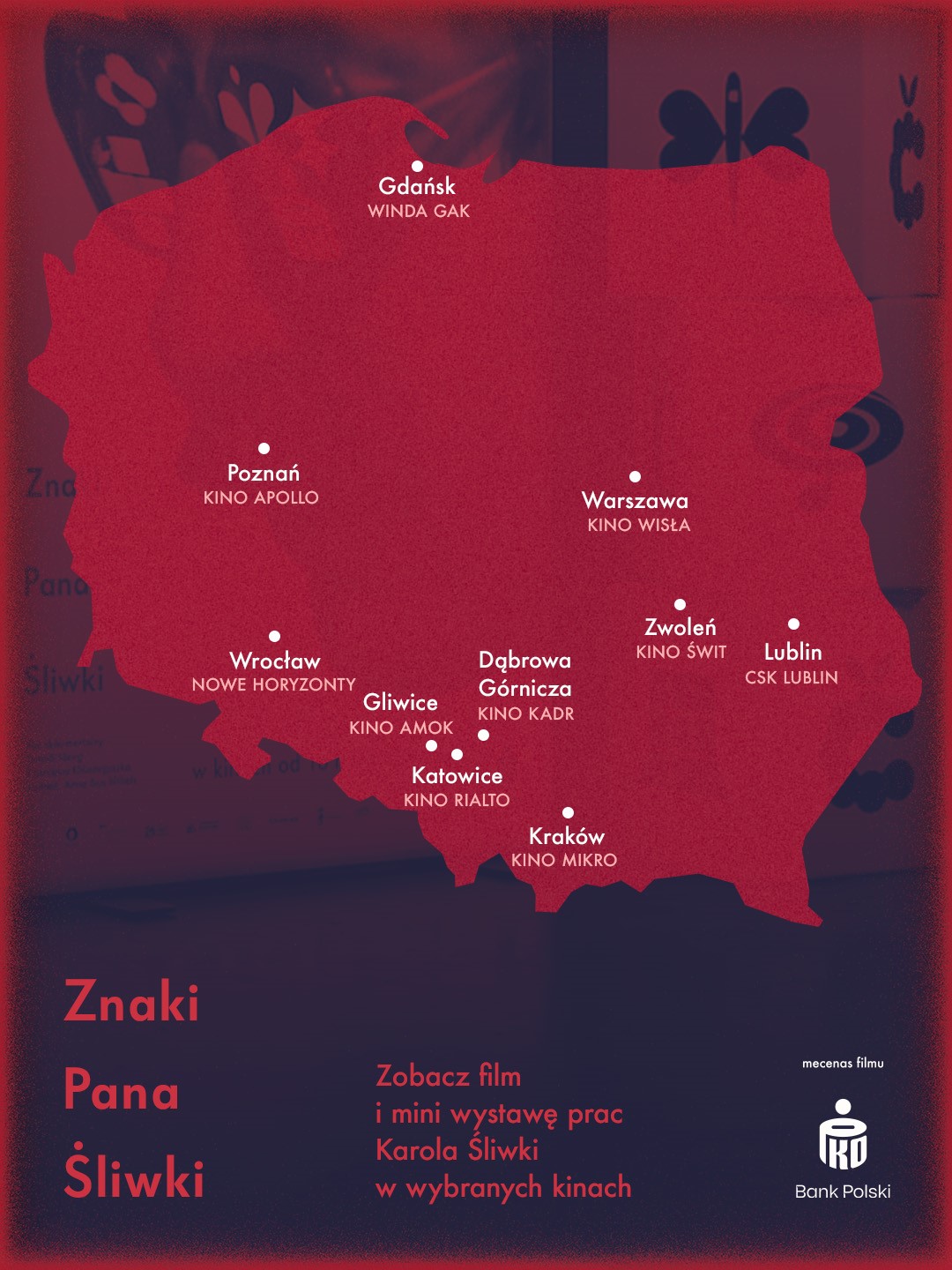 Mapa Polski z zaznaczonymi miastami, w których odbywają się pokazy filmu Znaki Pana Śliwki w kinach studyjnych